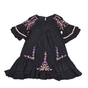 FREE PEOPLE Pavlo Embroidered Dress Women's Black Bell Sleeve Boho sz M